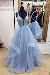 Blue Deep V-Neck Tulle Long Prom Party Dress